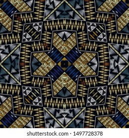 Embroidery textured geometric vector seamless pattern. Tapestry tribal ethnic style background. Grunge ornamental repeat backdrop. Embroidered ornament with hatching, stripes, triangles, cross, zigzag