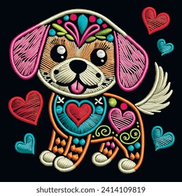 Embroidery textured ornamental smiling cute colorful funny puppy with love hearts. Bright tapestry little puppy dog. Embroidered vector background illustration. Beautiful decorative bright pattern.