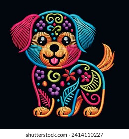 Embroidery textured ornamental smiling cute colorful puppy. Bright tapestry little puppy dog. Embroidered vector background illustration. Beautiful decorative bright pattern for applique, diy, prints.