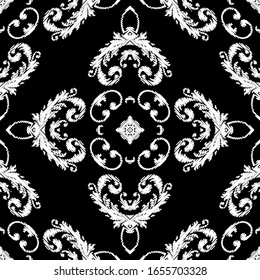 Embroidery textured vector seamless pattern. Black and white floral grunge background. Tapestry wallpaper. Damask flowers, leaves, mandalas. Hatched vintage baroque ornaments. Embroidered texture.