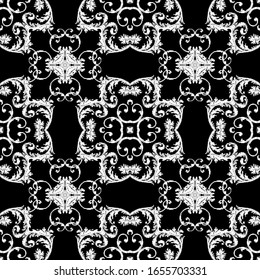 Embroidery textured vector seamless pattern. Black and white floral grunge background. Tapestry wallpaper. Damask flowers, leaves, mandalas. Textured vintage baroque ornaments. Embroidered texture.