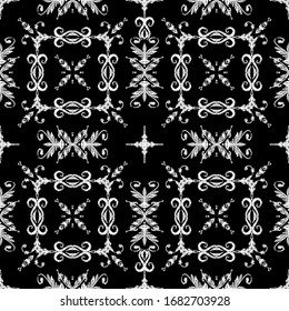 Stickereien strukturierte Vektorillustration nahtlose Muster. Schwarz-weißer, floraler Grunge-Hintergrund. Tapisserie-Tapete. Damast Blumen, Blätter. Arabesque. Barockschmuck aus gehacktem Vintage. Bestickte Textur.