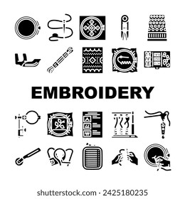 embroidery thread fabric needle icons set vector. fashion stitch, cloth textile, cotton machine, sewing work, linen, garment, flower embroidery thread fabric needle glyph pictogram Illustrations