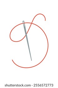 Embroidery thread and needle icon, hand drawn sewing craft decoration object, vector dressmaking tool illustration, cartoon fashion supplies element, flat tailor accessories design,