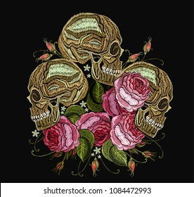 Embroidery three skulls and flowers. Fashion template for clothes, textiles, t-shirt design. Gothic romantic embroidery human skulls and red roses