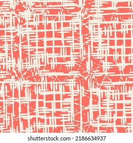 Embroidery Tie Dye Seamless Pattern. Ink Geometric Art Print. Contemporary Watercolor Japan Design. Ethnic Monochrome Macrame Imitation. Rose Red and Beige Shibory Needlework Minimalism Background.