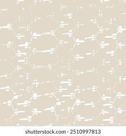 Stickerei Krawatte Farbstoff nahtloses Muster. Shibory Needlework Minimalismus Hintergrund. Ethnische monochrome Macrame-Imitation. Beige und Weiß zeitgenössische Aquarell Japan Design. Freihanddruck für geometrische Kunst.