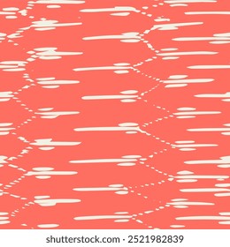 Embroidery Tie Dye Seamless Pattern. Ink Geometric Art Print. Rose Red and Beige Contemporary Watercolor Japan Design. Shibory Needlework Minimalism Background. Ethnic Monochrome Macrame Imitation.