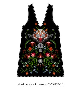 embroidery tiger cat vector illustration for girls dress template, floral woman design