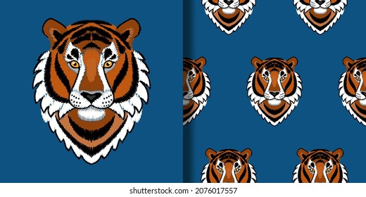 Embroidery Tiger Head print and seamless pattern set