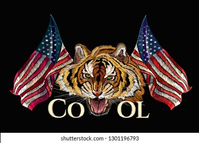Embroidery tiger head and rippled American flag. Cool slogan. Fashion textile art. Template for clothes, t-shirt design  