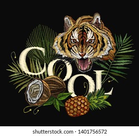 Embroidery tiger in the jungle, palm tree leaves, pineapple, coconut tropical art. Cool slogan. Tropical fashionable template for clothes, t-shirt design 