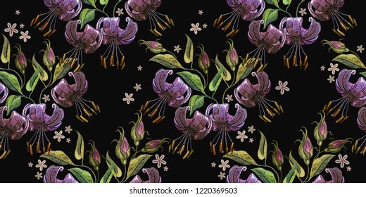 Embroidery tiger lillies on black background seamless pattern. Template for clothes, textiles, t-shirt design