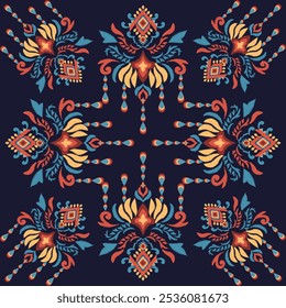 Embroidery title Motif ethnic Ikat seamless textile illustration, print striped ornament pattern, design for wrapping, silk, scarf, wallpaper, background, textile, carpet, rug, texture, hand-draw