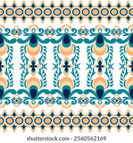 Embroidery title Motif ethnic Ikat seamless textile illustration, print striped ornament pattern, hand-draw design for wrapping, silk, scarf, wallpaper, background, textile, carpet, rug, texture