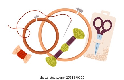 Embroidery tool set featuring a hoop, scissors, yarn, and needles. Needlework and handcrafting. Flat vector illustration.