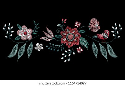 Embroidery traditional floral pattern with bird and flowers. Vector embroidered bouquet with flowers for wearing design.