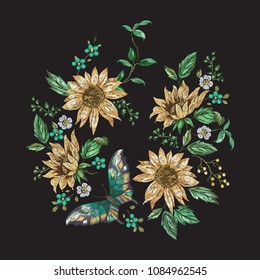 Embroidery traditional floral pattern with sunflowers amd butterfly. Vector embroidered bouquet with flowers for wearing design.