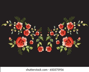 Embroidery traditional folk neck line pattern with red roses. Vector embroidered floral bouquet template with flowers for clothing design