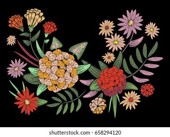 Embroidery traditional folk neckline pattern with tropical flowers. Vector exotic floral design for fashion wearing