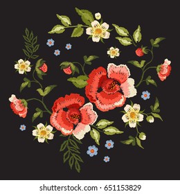 Embroidery traditional folk pattern with red roses and strawberry. Vector embroidered floral bouquet template with flowers and berries for clothing design.