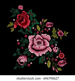 Embroidery traditional folk pattern with roses and peonies. Vector embroidered floral patch sketch with flowers for clothing design