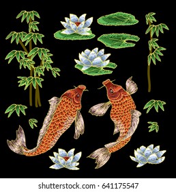 Embroidery with traditional Japanese Carp and flowers elements.