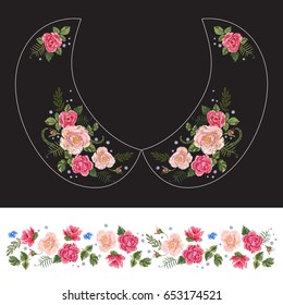 Embroidery traditional neck pattern with pink roses and forget me not blossom. Vector embroidered floral design with flowers for fashion collar and belt.