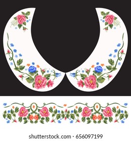 Embroidery traditional neck pattern with red and blue roses and forget me not. Vector floral design with flowers for fashion collar and belt