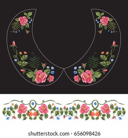 Embroidery traditional neck pattern with red roses and forget me not. Vector floral design with flowers on black background. For fashion collar and belt.
