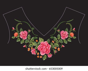 Embroidery traditional neckline pattern with red roses and forget me not blossom. Vector embroidered floral design with flowers for fashion wearing