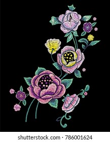 Embroidery traditional pattern with pale roses. Vector embroidered floral design with flowers for wearing.