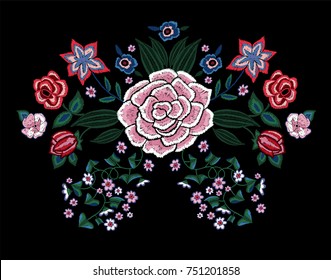 Embroidery traditional pattern with simplify flowers. Vector embroidered trend floral  design for fashion wearing.