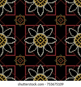 Embroidery traditional pattern vector illustration. Bright seamless dark background with abstract flowers.