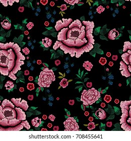 Embroidery traditional seamless pattern with blackberry and peonies. Vector embroidered floral patch sketch with flowers for clothing design