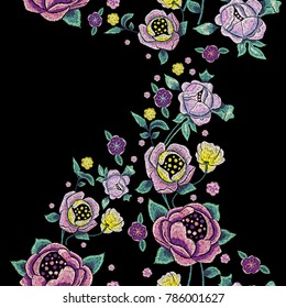 Embroidery traditional seamless pattern with pale roses. Vector embroidered floral design with repeated flowers.