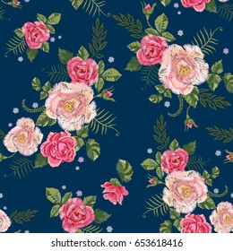 Embroidery traditional seamless pattern with pink roses and forget me not. Vector embroidered floral design with flowers for fashion.