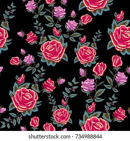 Embroidery traditional seamless pattern with red roses. Vector embroidered floral patch  with flowers for clothing design.