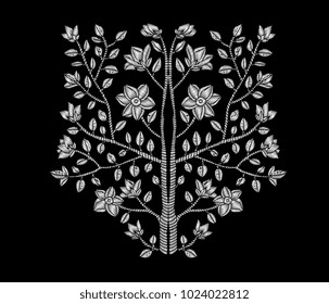 Embroidery tree, blossom branch, flower. Botanical ethnic, folk art. Border frame. Floral patch, boho, bohemian fashion patchwork. Vector hand drawn artwork. Sewing stitch. Black and white, monochrome