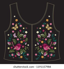Embroidery trend ethnic floral pattern with flowers, birds and butterflies for jeans jacket back. Vector traditional embroidered set with flowers on black background for clothing design.