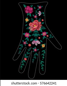 Embroidery trend ethnic floral pattern on glove design. Vector traditional folk bird with flowers ornament on black background.