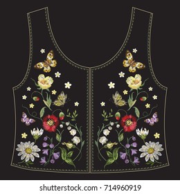 Embroidery trend ethnic floral pattern with poppies and butterflies for jeans jacket back. Vector traditional embroidered set with flowers on black background for clothing design.