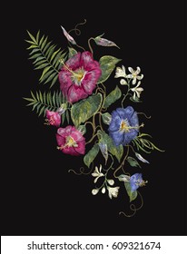 El bordado tiende un patrón étnico con flores exóticas. Vector tradicional adorno floral folclórico sobre fondo negro para el diseño de moda
