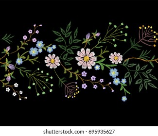 Embroidery trend floral border small branches herb leaf with little blue violet flower daisy chamomile. Ornate traditional folk fashion patch design neckline blossom background vector illustration