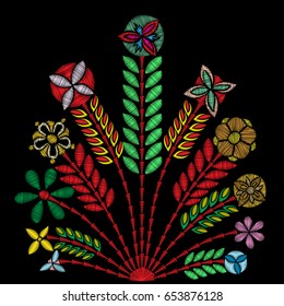 Embroidery trend floral decorative pattern. Contemporary folk colorful bouquets on black background for clothing, dress and jeans design. Vector.