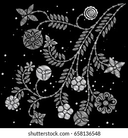 Embroidery trend floral decorative pattern. Contemporary folk silver bouquets on black background for clothing, dress and jeans design. Vector.