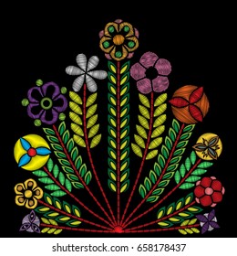 Embroidery trend floral decorative pattern. Contemporary folk colorful bouquets on black background for clothing, dress and jeans design. Vector.