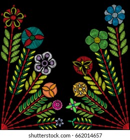 Embroidery trend floral decorative pattern. Contemporary folk colorful bouquets on black background for clothing, dress and jeans design. Vector.