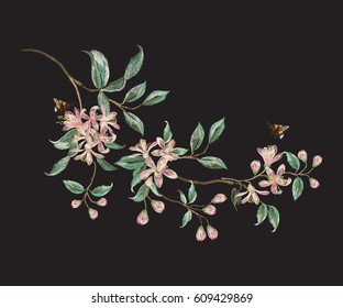 Embroidery trend floral pattern with branch of tropical japanese flowers. Vector traditional folk orange blossom and bees on black background for design