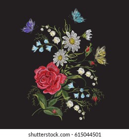 Embroidery trend floral pattern with butterfly. Vector traditional folk roses, lilies and forget me not flowers bouquet on black background for clothing design